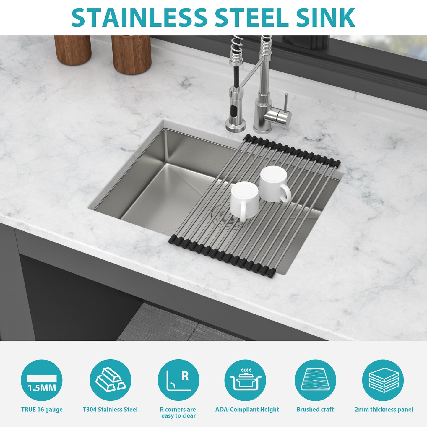 ADA-COMPLIANT Kitchen Sink, 23 Inch Undermount Sink 5.5-Inch Low Depth ADA Compliant Single Bowl 16 Gauge Stainless Steel 23 x 18 x 5.5 Inch Handmade Sinks Basin