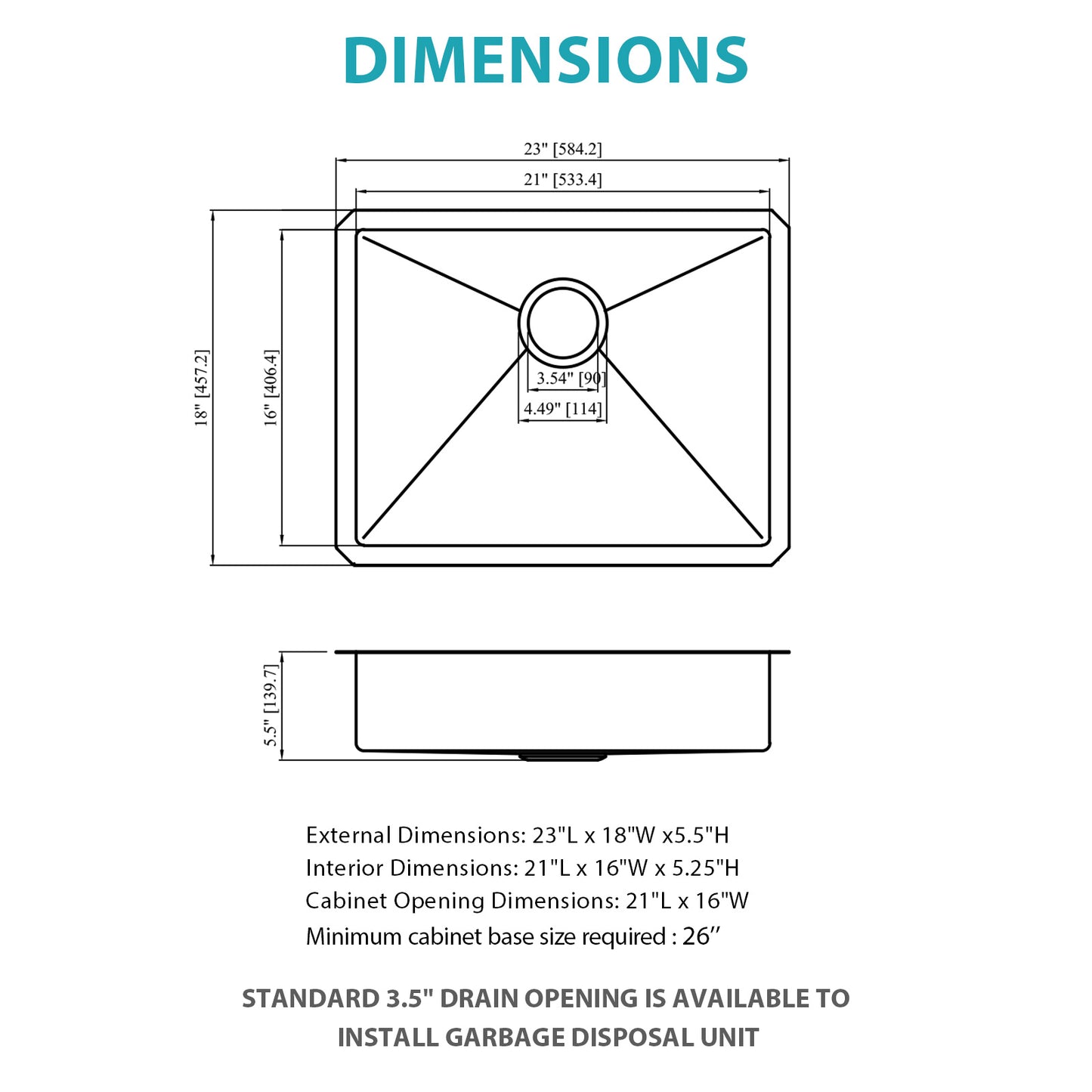 ADA-COMPLIANT Kitchen Sink, 23 Inch Undermount Sink 5.5-Inch Low Depth ADA Compliant Single Bowl 16 Gauge Stainless Steel 23 x 18 x 5.5 Inch Handmade Sinks Basin