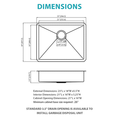 ADA-COMPLIANT Kitchen Sink, 23 Inch Undermount Sink 5.5-Inch Low Depth ADA Compliant Single Bowl 16 Gauge Stainless Steel 23 x 18 x 5.5 Inch Handmade Sinks Basin