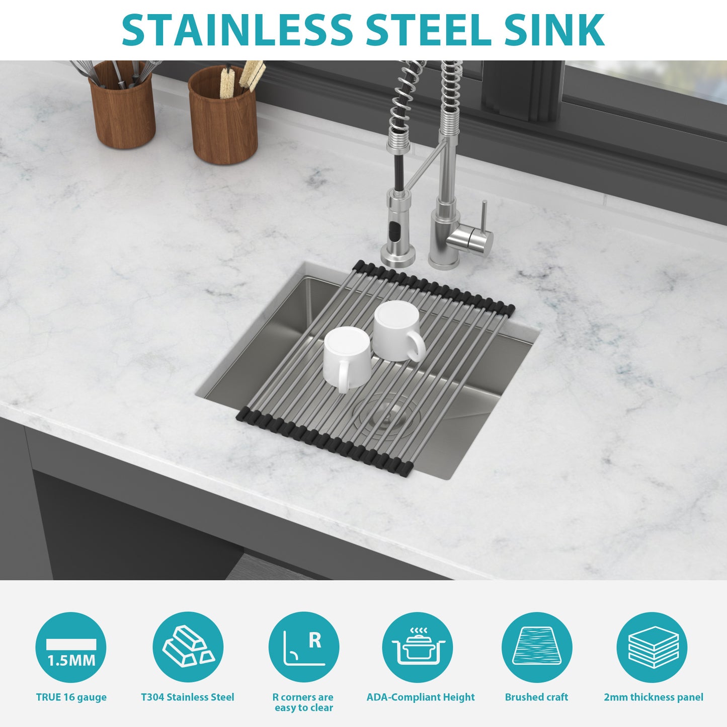 ADA-COMPLIANT Kitchen Sink, 18 Inch Undermount Sink 5.5-Inch Low Depth ADA Compliant Single Bowl 16 Gauge Stainless Steel 18 x 16 x 5.5 Inch Handmade Sinks Basin