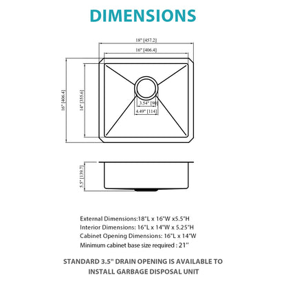 ADA-COMPLIANT Kitchen Sink, 18 Inch Undermount Sink 5.5-Inch Low Depth ADA Compliant Single Bowl 16 Gauge Stainless Steel 18 x 16 x 5.5 Inch Handmade Sinks Basin
