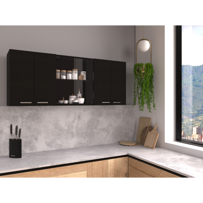 Black Wall Cabinet with Glass Doors and Dish Rack