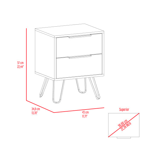 2-Drawer Nightstand Side Table, Light Oak, Four Metal Legs