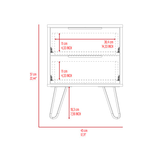 2-Drawer Nightstand Side Table, Light Oak, Four Metal Legs
