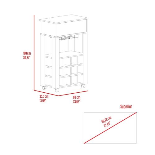 Bar Cart, Twelve Built-in Wine Rack, Four Legs, One Open Shelf -Light Gray