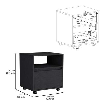 Nightstand 20inch H, with One Open Shelf, 1 Drawer and Casters, Black