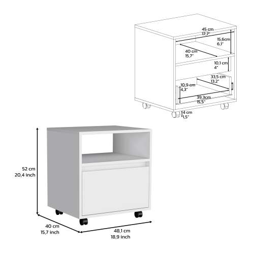 Nightstand 20inch H, with One Open Shelf, 1 Drawer and Casters, White