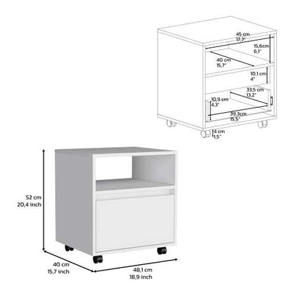 Nightstand 20inch H, with One Open Shelf, 1 Drawer and Casters, White