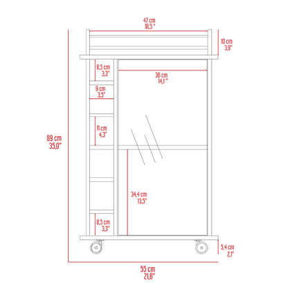 Bar Cart, Glass Door, Four Casters, Two Shelves, White