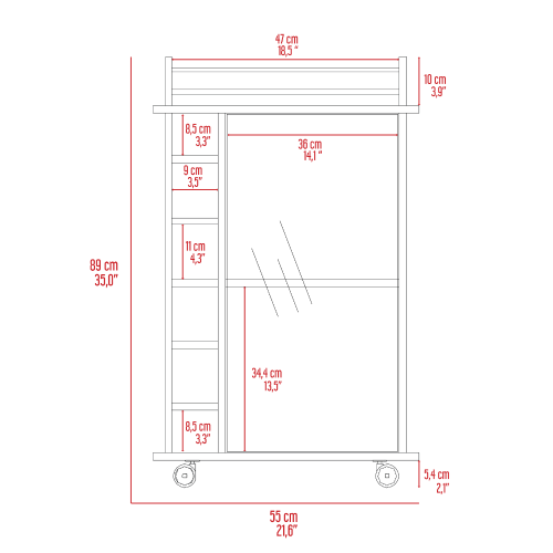 Bar Cart, Glass Door, Four Casters, Two Shelves, Black