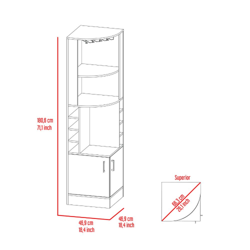 Corner bar cabinet 71 inch H, with two shelves at the top, 1 glass holder, 8 exterior bottle racks, 1 central shelf and a lower drawer with 2 side doors, light gray