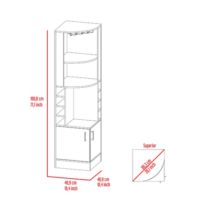 Corner bar cabinet 71 inch H, with two shelves at the top, 1 glass holder, 8 exterior bottle racks, 1 central shelf and a lower drawer with 2 side doors, light gray