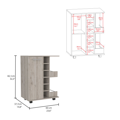 Bar Cart, Two External Shelves, Four Casters, Six Built-in Wine Rack, Single Door Cabinet -Light Gray