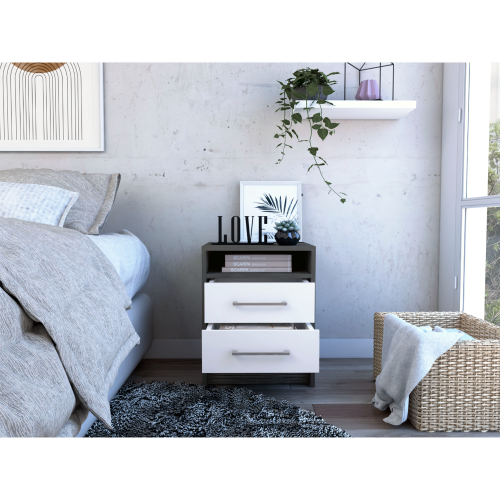 20-inch 2-Drawer Nightstand with Open Shelf, Modern Bedside Table with Metal Handles