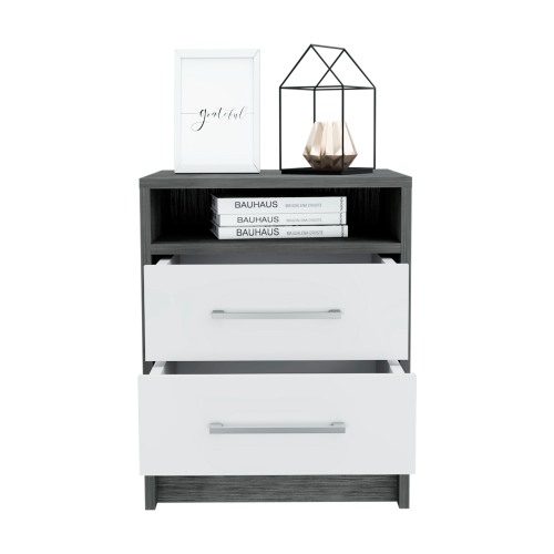 20-inch 2-Drawer Nightstand with Open Shelf, Modern Bedside Table with Metal Handles
