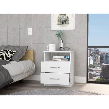 White 2-Drawer Nightstand with Open Shelf