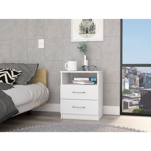 White 2-Drawer Nightstand with Open Shelf