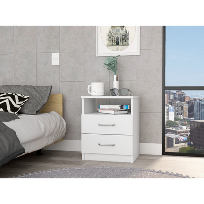 White 2-Drawer Nightstand with Open Shelf