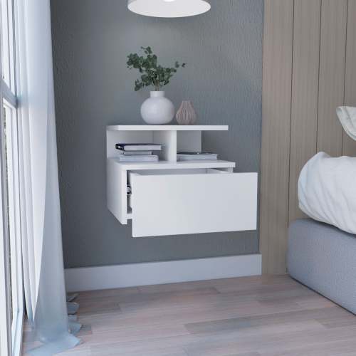 Floating Nightstand 12inch H, Wall Mounted with Single Drawer and 2-Tier Shelf, White
