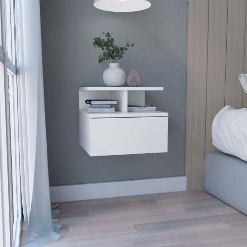 Floating Nightstand 12inch H, Wall Mounted with Single Drawer and 2-Tier Shelf, White