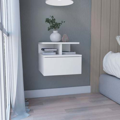 Floating Nightstand 12inch H, Wall Mounted with Single Drawer and 2-Tier Shelf, White