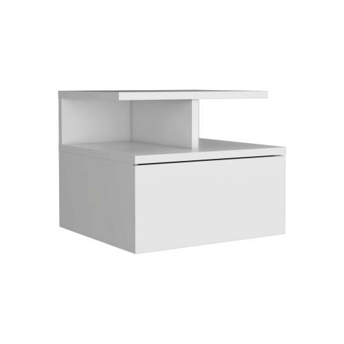 Floating Nightstand 12inch H, Wall Mounted with Single Drawer and 2-Tier Shelf, White
