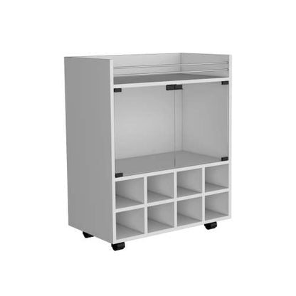32 inch H white bar- coffee cart, Kitchen or living room cabinet storage with 4 wheels, with 8 bottle racks, a central shelf covered by 1 glass door, ideal for storing glasses and snacks