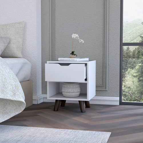 White Modern Nightstand, Drawer & Open Shelf with Wooden Legs
