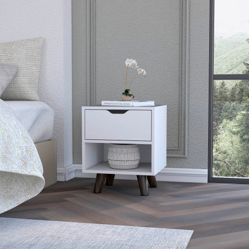 White Modern Nightstand, Drawer & Open Shelf with Wooden Legs