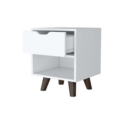 White Modern Nightstand, Drawer & Open Shelf with Wooden Legs