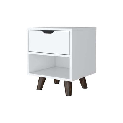 White Modern Nightstand, Drawer & Open Shelf with Wooden Legs
