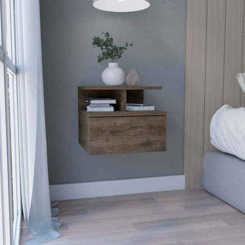 Dark Walnut Wall Mounted Floating Nightstand, 1 Drawer & 2-Tier Shelf