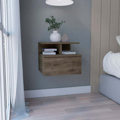 Dark Walnut Wall Mounted Floating Nightstand, 1 Drawer & 2-Tier Shelf
