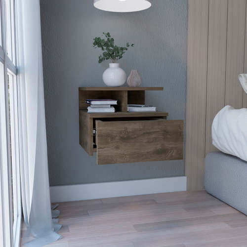 Dark Walnut Wall Mounted Floating Nightstand, 1 Drawer & 2-Tier Shelf