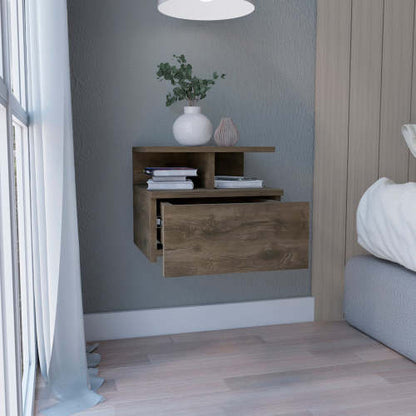 Dark Walnut Wall Mounted Floating Nightstand, 1 Drawer & 2-Tier Shelf