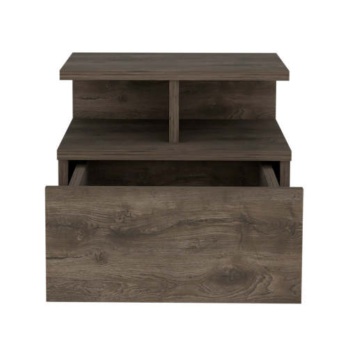 Dark Walnut Wall Mounted Floating Nightstand, 1 Drawer & 2-Tier Shelf
