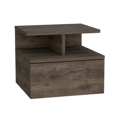 Dark Walnut Wall Mounted Floating Nightstand, 1 Drawer & 2-Tier Shelf