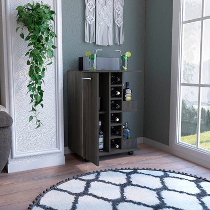 Bar Cart, Two External Shelves, Four Casters, Six Built-in Wine Rack, Single Door Cabinet -Espresso