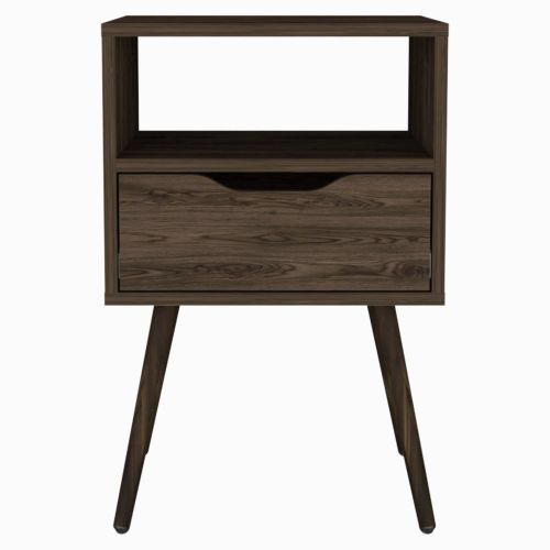Modern Nightstand with Drawer and Open Shelf, Tall Side Table with Metal Legs, Dark Walnut Bedroom Storage Cabinet