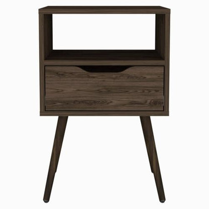 Modern Nightstand with Drawer and Open Shelf, Tall Side Table with Metal Legs, Dark Walnut Bedroom Storage Cabinet