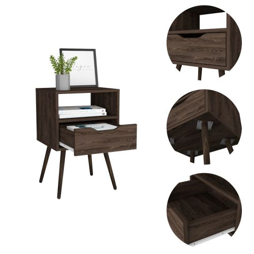 Modern Nightstand with Drawer and Open Shelf, Tall Side Table with Metal Legs, Dark Walnut Bedroom Storage Cabinet