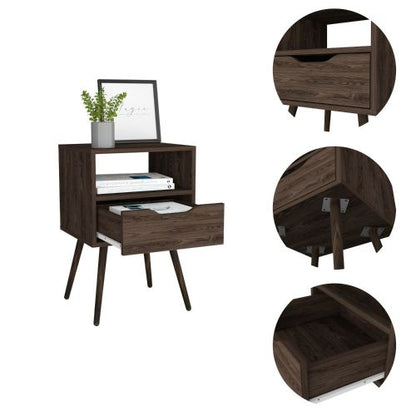 Modern Nightstand with Drawer and Open Shelf, Tall Side Table with Metal Legs, Dark Walnut Bedroom Storage Cabinet