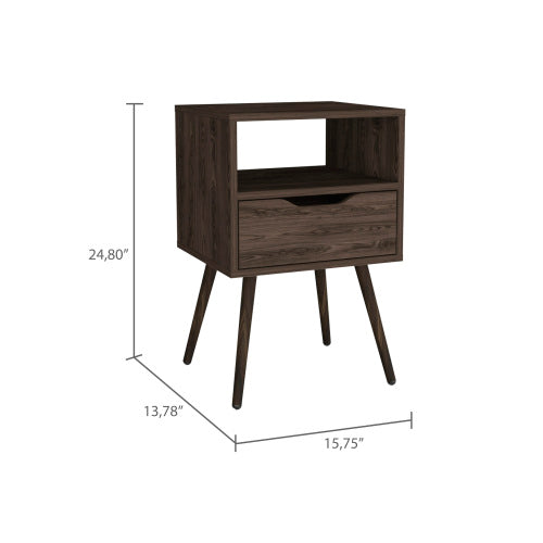Modern Nightstand with Drawer and Open Shelf, Tall Side Table with Metal Legs, Dark Walnut Bedroom Storage Cabinet