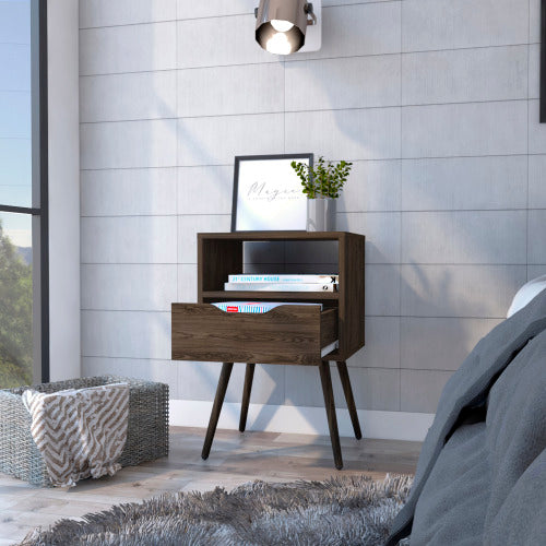 Modern Nightstand with Drawer and Open Shelf, Tall Side Table with Metal Legs, Dark Walnut Bedroom Storage Cabinet