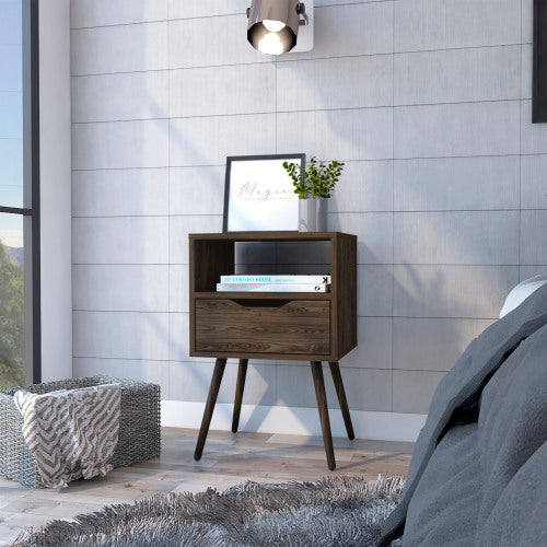 Modern Nightstand with Drawer and Open Shelf, Tall Side Table with Metal Legs, Dark Walnut Bedroom Storage Cabinet