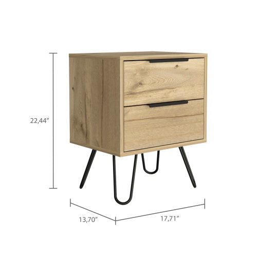 2-Drawer Nightstand Side Table, Light Oak, Four Metal Legs