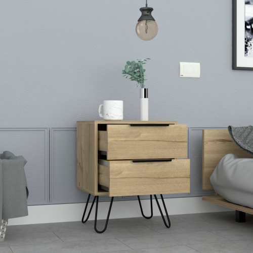 Light Oak Nightstand, 2-Drawer Bedside Table with Metal Hairpin Legs Compact Side Table