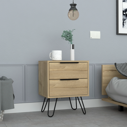 Light Oak Nightstand, 2-Drawer Bedside Table with Metal Hairpin Legs Compact Side Table