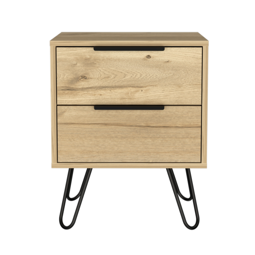 Light Oak Nightstand, 2-Drawer Bedside Table with Metal Hairpin Legs Compact Side Table