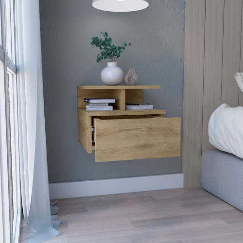 Floating Nightstand with Drawer and 2-Tier Shelf, Wall Mounted Bedside Table Macadamia